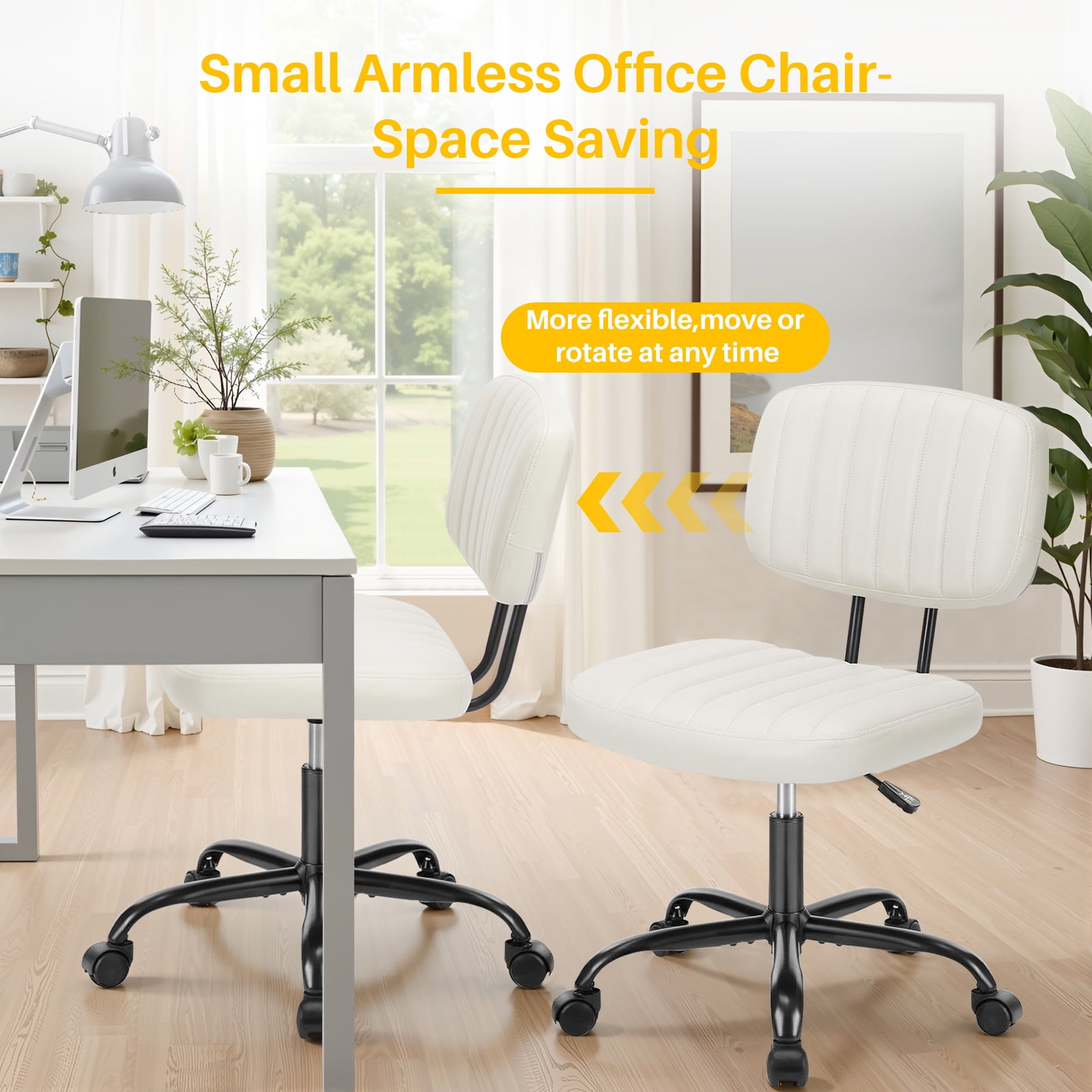 Cute Task Chair, Adjustable Armless Activity Chair with Wheels, Comfy Low Back Swivel Desk Chair, White