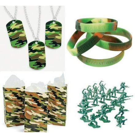 Military Army Party Favors Boy's Camouflage Bracelets Dog Tags Bags Toys 180 Piece Bundle