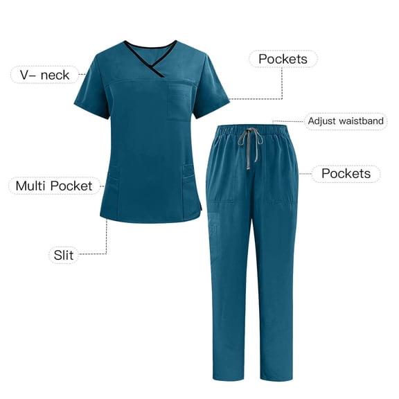Aofany Scrubs Sets for Men 2 Piece Nurse Working Uniforms Casual Comfy Solid V-Neck Caregiver Top and Drawstring Waist Pants with Pockets