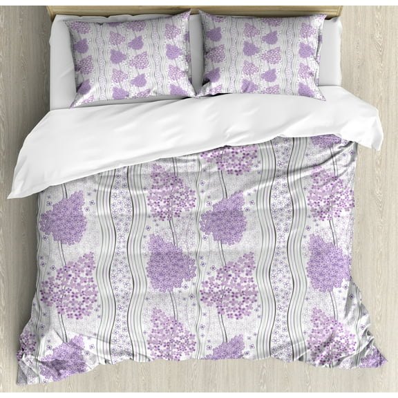 Ambesonne Floral Duvet Cover Set, Lilac Flowers Curly Stripes, Calking, Pastel Purple and Ivory