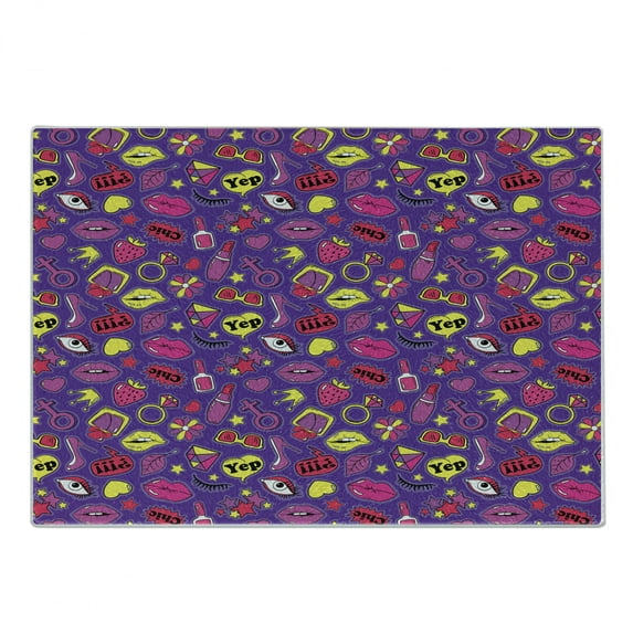 Emoticon Cutting Board, Nineties Comic Book Style for Women with Cosmetics Stars Lips Hearts on Purple, Decorative Tempered Glass Cutting and Serving Board, Small Size, Multicolor, by Ambesonne