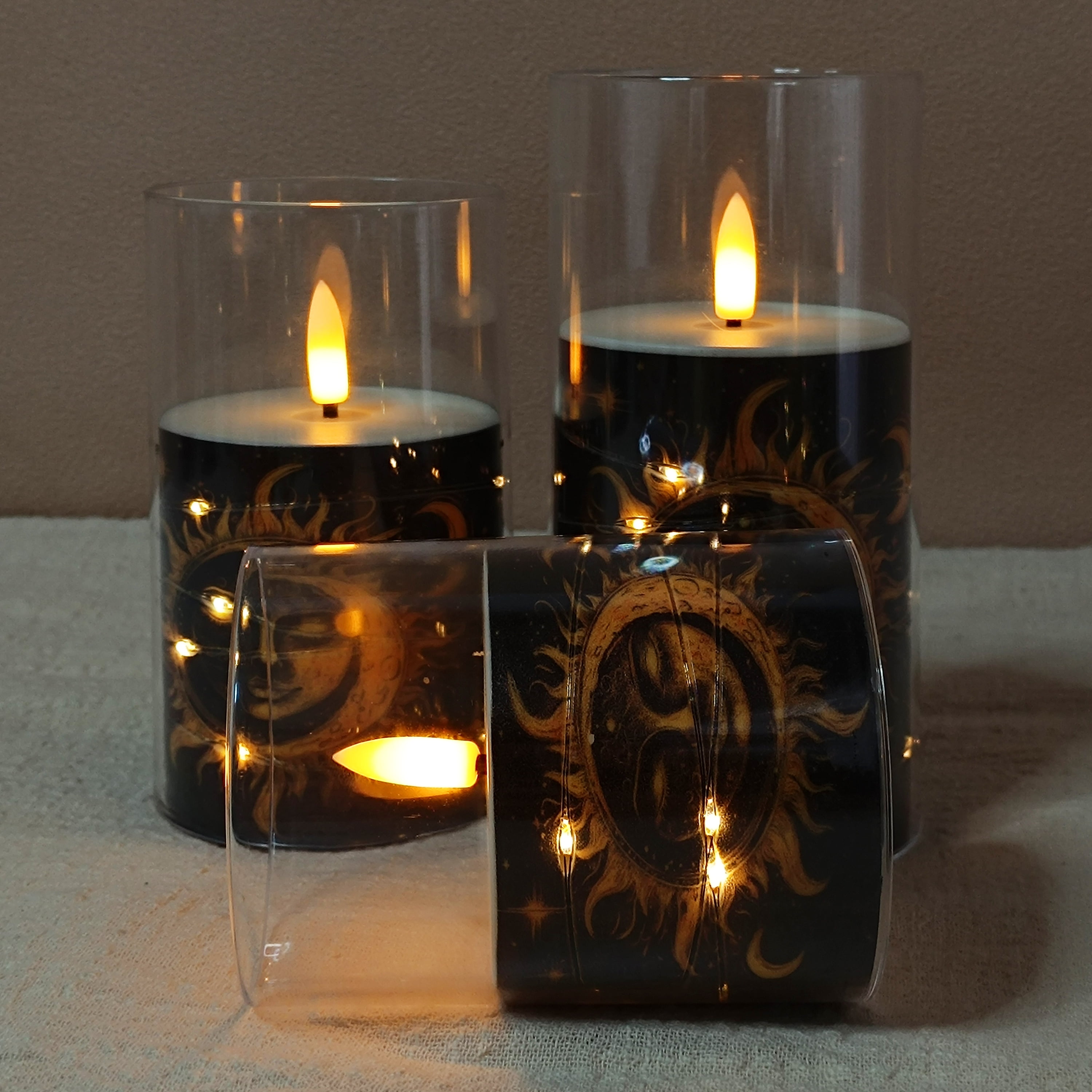 Flameless Candles with String Lights LED Candle Battery Operated Candles with Remote Control,Printed Pillar LED Candles for Wedding Holiday Party Table Home Decorations,Set of 3