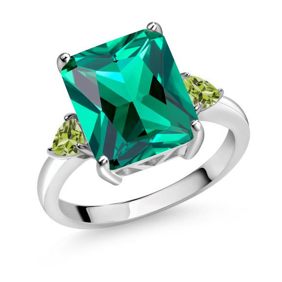 Gem Stone King 5.84 Ct Emerald Cut Green Nano Emerald Green Peridot 925 Sterling Silver 3-Stone Women Engagement Ring (Size 6)