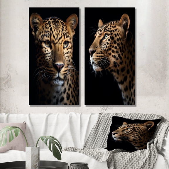 Designart "Wildlife Portrait Stunning Leopard II" Animals Leopard Wall Art Set Of 2 - Children's Art Brown Wall Decor Set Of 2