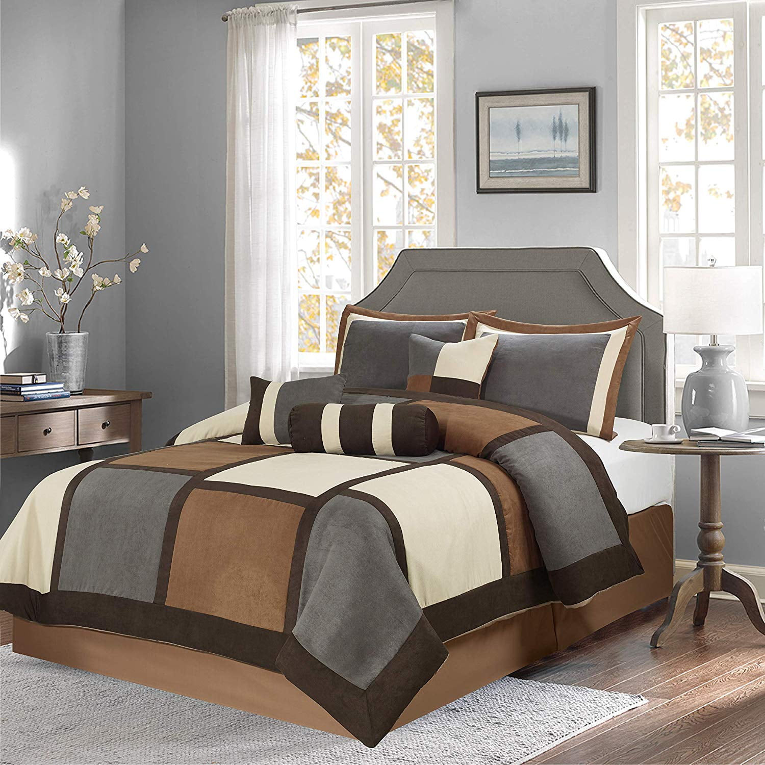Brown & Gray & Beige Suede 7-piece Patchwork Comforter Set Winter Bedding 