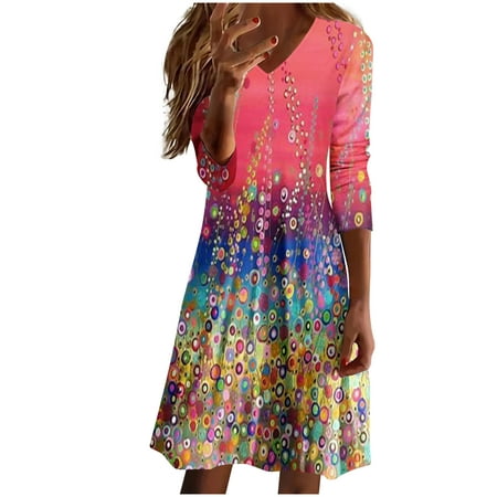 Summer Savings Clearance 2022! PIMOXV Fashion Women Fall Printing Causal V-Neck Long Sleeve Vacation Dress Reduced Price and Clearance Sale