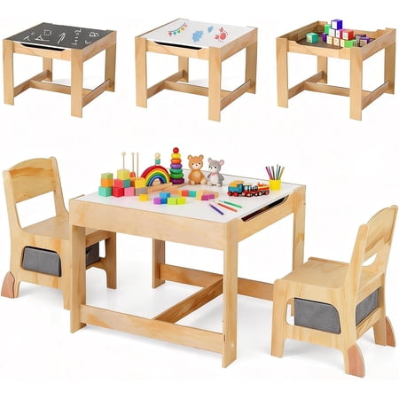 Kids Table and Chairs 3 in 1 Wooden Activity Toddler Desk w/Blackboard & Storage Drawers for Art & Craft Snack Time Homework Toddler Table and Chair Set for Nursery Home Playroom (Gray)