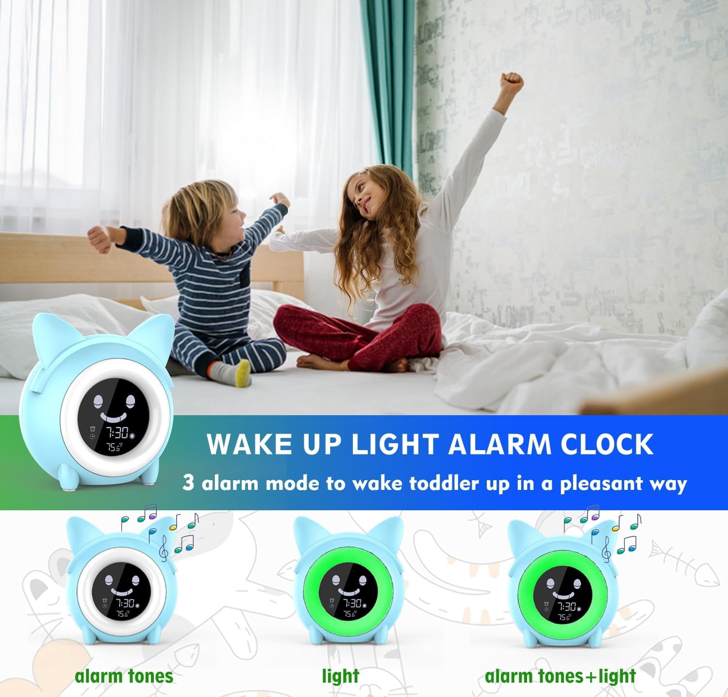 Kids Alarm Clock, Sleep Training with Toddler Night Light, Sleep Sounds Machine, Nap Timer, Temperature Detect, Cute Bedside Clock Kids Room Decor, Birthday