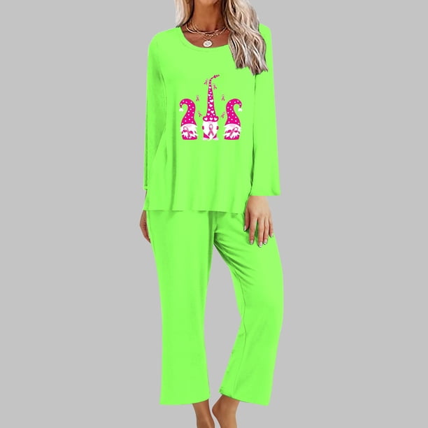 Puntoco Mujer Otoño Moda Cáncer De Mama Impreso Cuello Redondo Manga Larga + Pantalones Traje Verde M