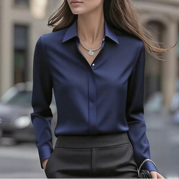 Gamivast Satin Shirts for Women Silk Button Down Lapel Collar Dressy Blouses Business Casual Solid Color Tops Elegant Fitted Work Outfits