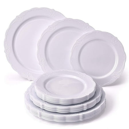 Cream Tea Plate Elegant Wedding and Party Disposable Dinnerware | 40 Dinner Plates, 40 Side Plates and 40 Dessert Plates | Vintage Collection (White) ()