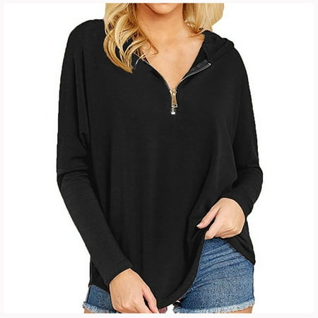 

Women s Fashion Long Sleeve Solid V-Neck Color Zip Hooded Tops Blouse black long sleeve shirt women corset tops for women Black S