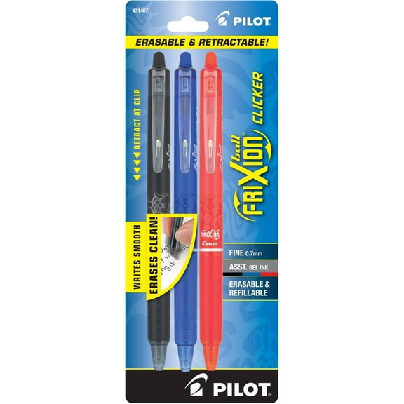 Pilot 3pk FriXion Clicker Erasable Gel Pens Fine Point 0.7mm Assorted Inks