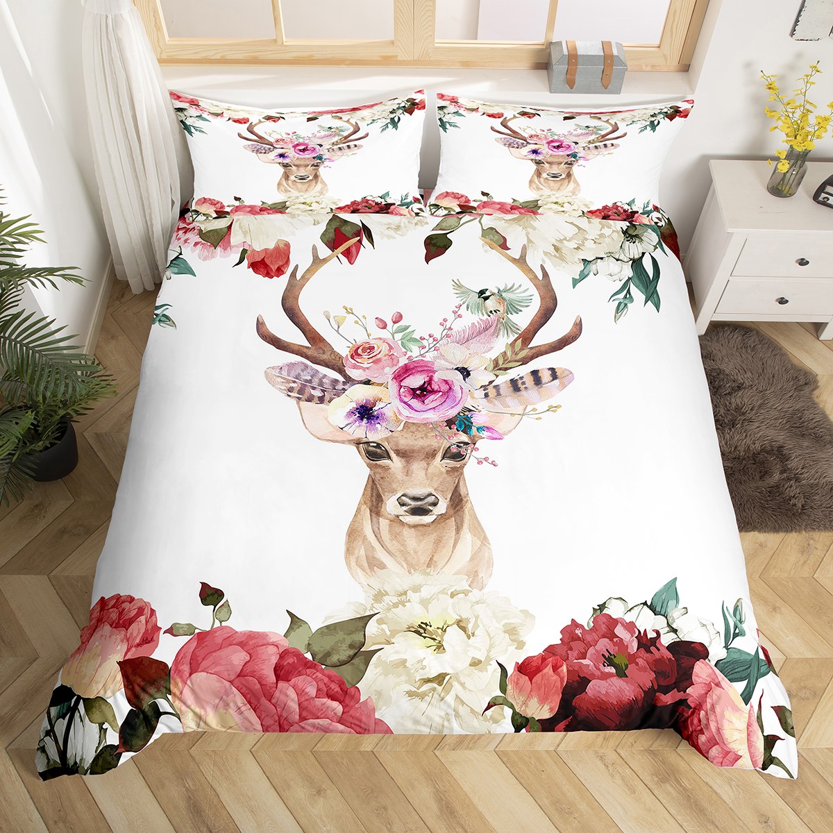 Elk Deer Comforter Cover Woodland Wildlife Reindeer Duvet Cover,Girls