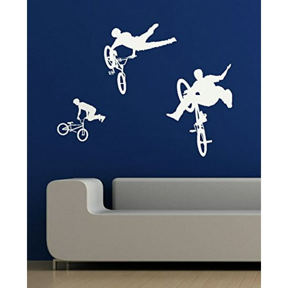 BMX Biker Silhouettes Vinyl Wall Decal Stickers, 23-Inch H, White