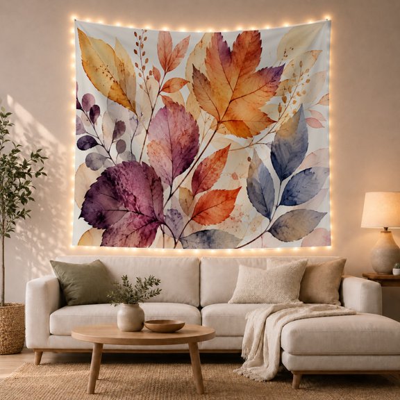 Autumn Leaves on Soft Watercolor Fabric, Cozy Watercolor Style for Nature Lovers, Botanical Wall Art, Thanksgiving Hostess Gift, Tapestry Wall Hanging for Bedroom and Living Room