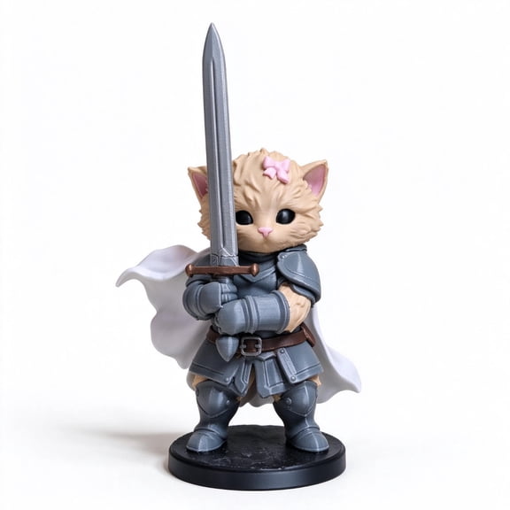3D Printed Knight Cats Figurine, Armored Knight Cat Statue with Sword and Cape, Cute Collectible Figure for Desk, Shelf, and Cat Lovers
