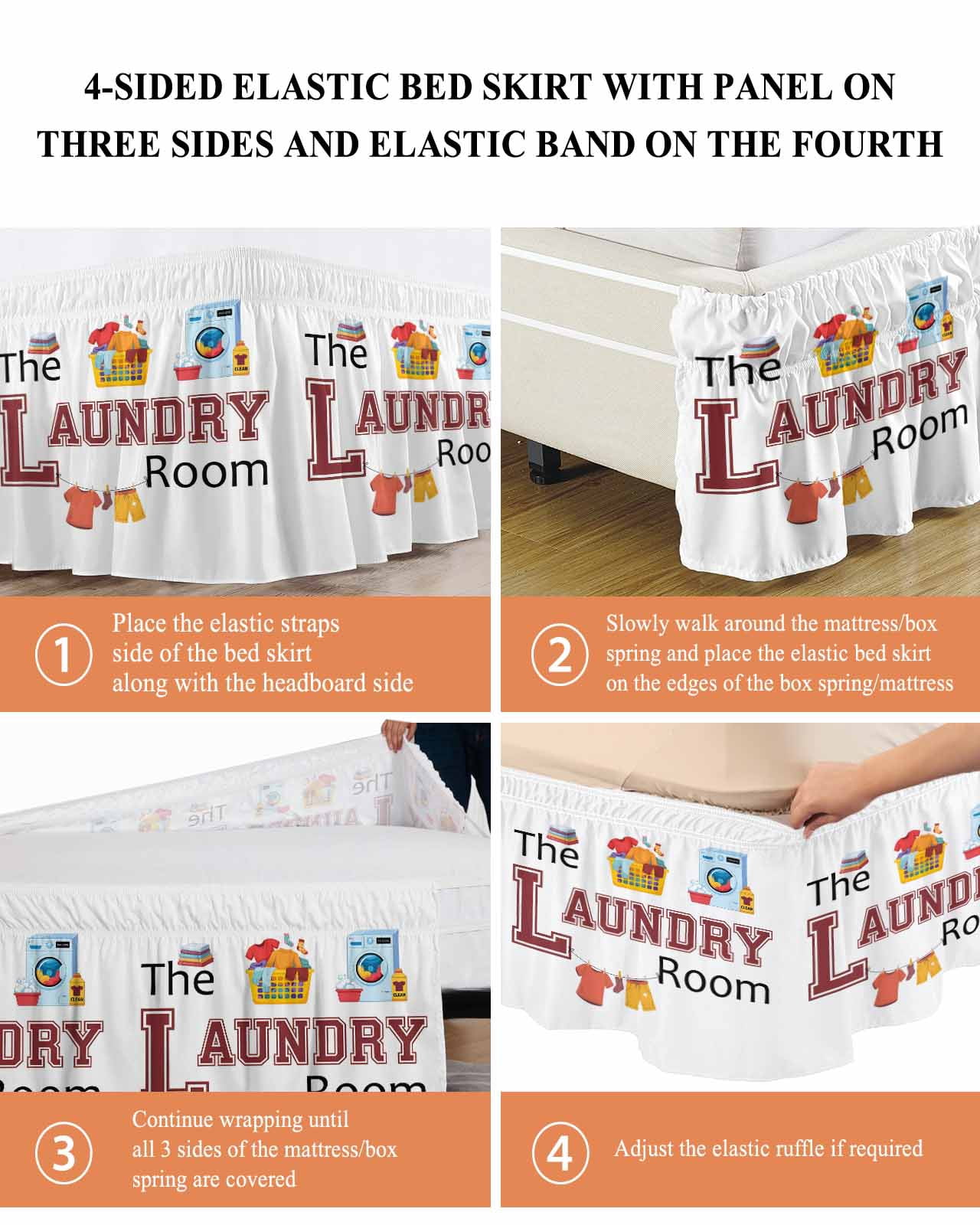 Laundry Room Wrap Around Bed Skirts for Queen Bed 16" Drop, Bed Skirt with Adjustable Elastic Belt Dust Ruffle Bed Valance for Bedroom Hotel Luxury Cartoon Washing Machine Clothes Bed Frame Cover