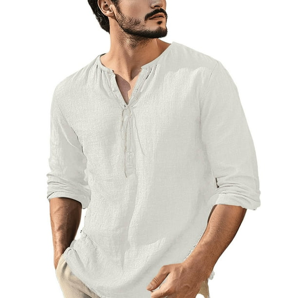 pstuiky Camisas de manga larga abrigadas para hombre, Camisa de hombre de color liso, manga larga, cuello en V, informal, cuello en V, manga larga, cuello en V salir tops l