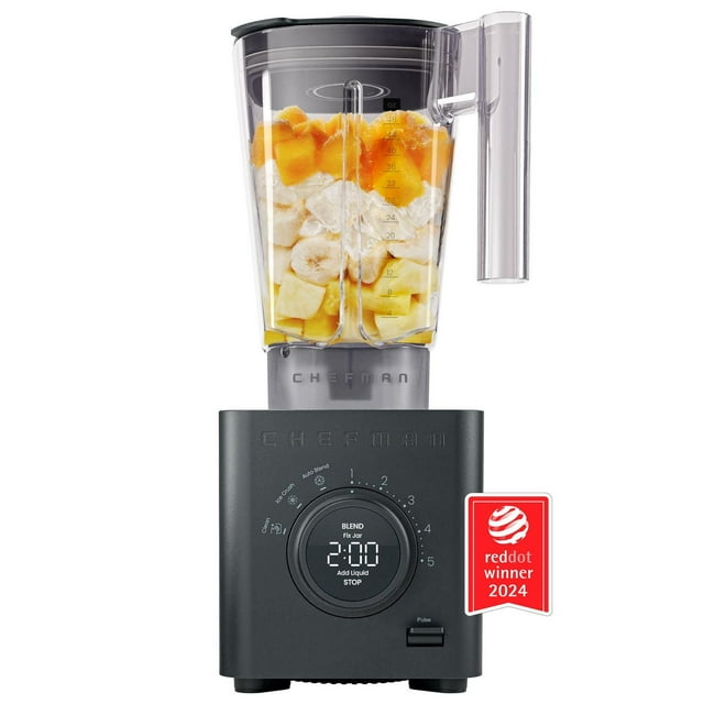 Chefman Obliterator 1380W professional blender in black with a clear 48oz Tritan jar containing chopped fruit and ice, featuring a digital timer display, control dial for auto blend functions, and Red Dot Award winner badge for 2024.