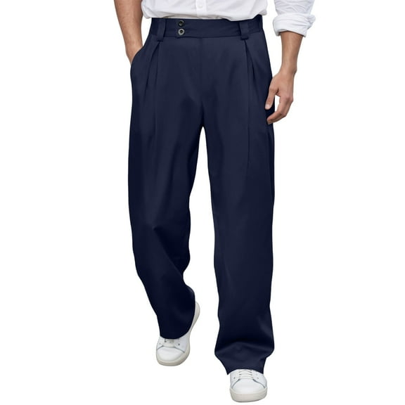 Gyexs Chinos Pants Men Classic Fit Elastic Waist Flat Front Dress Slacks Lightweight Outdoor Summer Twill Trousers with Pockets Navy, Szie XL