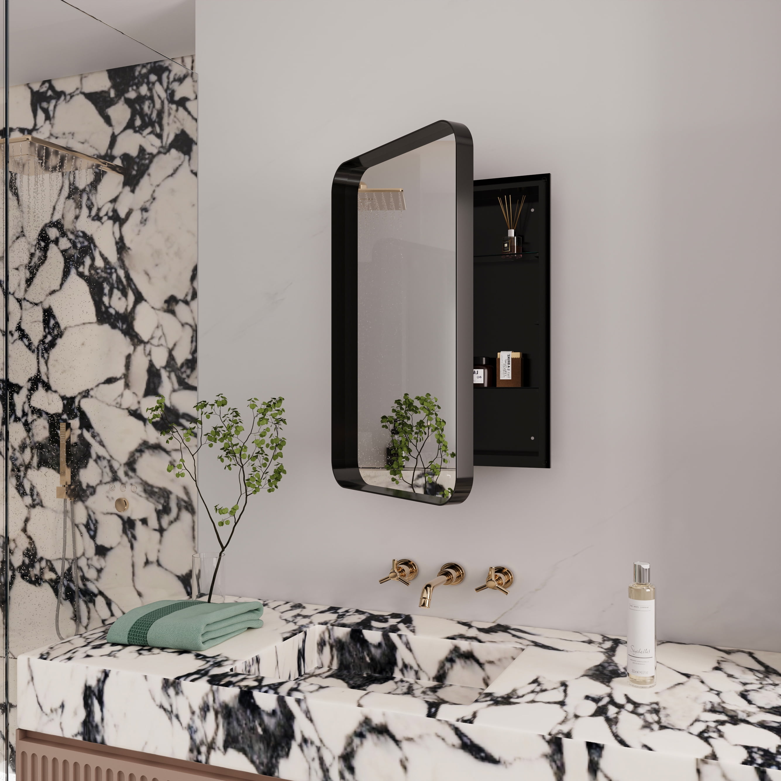 Matte Black Recessed Medicine Cabinet with Mirror, 16"X24" Metal Wall Mirror with Adjustable Shelves Five