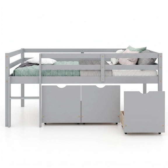 Furnibear Twin Size Low Loft Bed with 3 Drawers and Full-length Guardrails for Kids Bedroom, Wood Loft Bed with Storage and Ladder, Gray