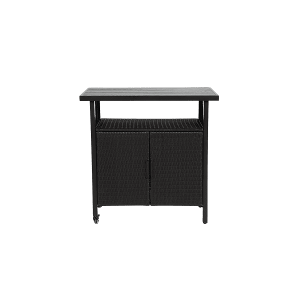 Outdoor Wicker Bar Cart Patio Wine Serving Cart with Wheels Rolling Rattan Beverage Bar Counter Table with Glass Top for Porch Backyard Garden Poolside Party Black