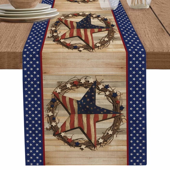 nqOlkjepod Farmhouse Table Runner 72 Inches Long Farmhouse Dress Scarves, Country Independence Day Stars And Stripes Dining Tablerunner for Coffee Table/Kitchen Island/Party Décor, 13" x 72"