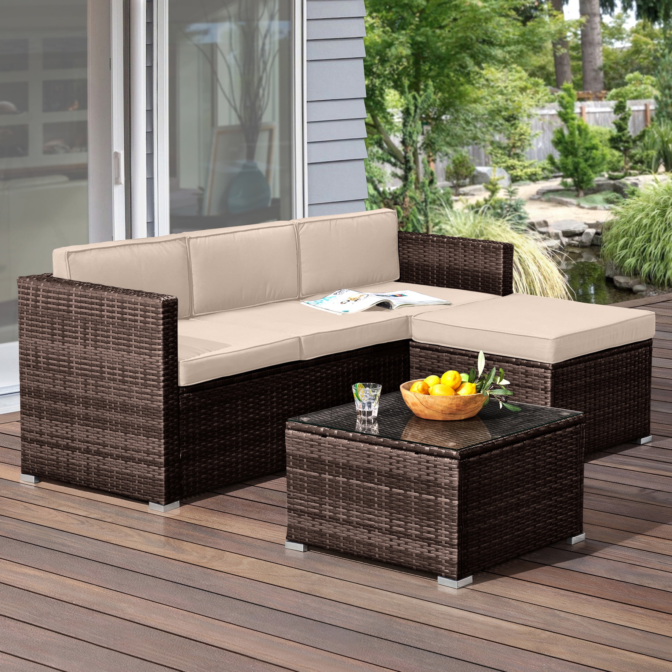 Lavish Home 3PC Synthetic Rattan  Rattan Patio Furniture Set with Sectional and Table for 3 Adults (Brown)