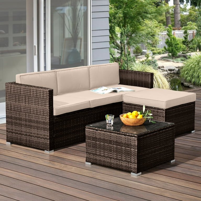 3 Piece Rattan Patio Furniture Set with Sectional and Table Brown