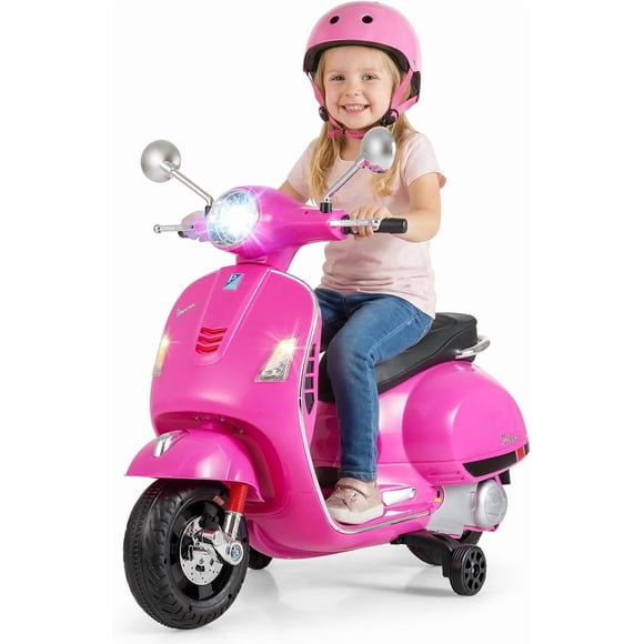 Moto pour Enfants Vespa 12 V sous Licence par OLAKIDS avec Roues Stabilisatrices, Musique, Histoire, Klaxon, Lumières pour 3 à 6 Ans