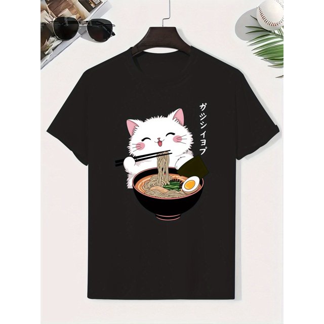 Cat Eating Noodles Graphic Tee for Boys - Japanese-Inspired Cotton T-Shirt, Casual & Lightweight, Short Sleeve Crew Neck Top, Perfect for Summer, Casual Summer Wear | Playful Graphic Tee | Medium