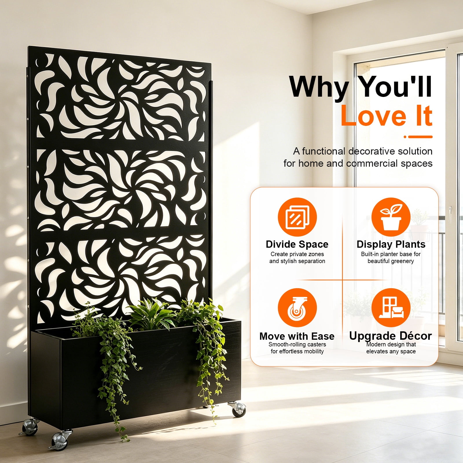 Privacy Screen with Planter Box, Black Metal Freestanding Decorative Fence Planter for Patio Balcony Backyard, 70.87" H x 46.06" W