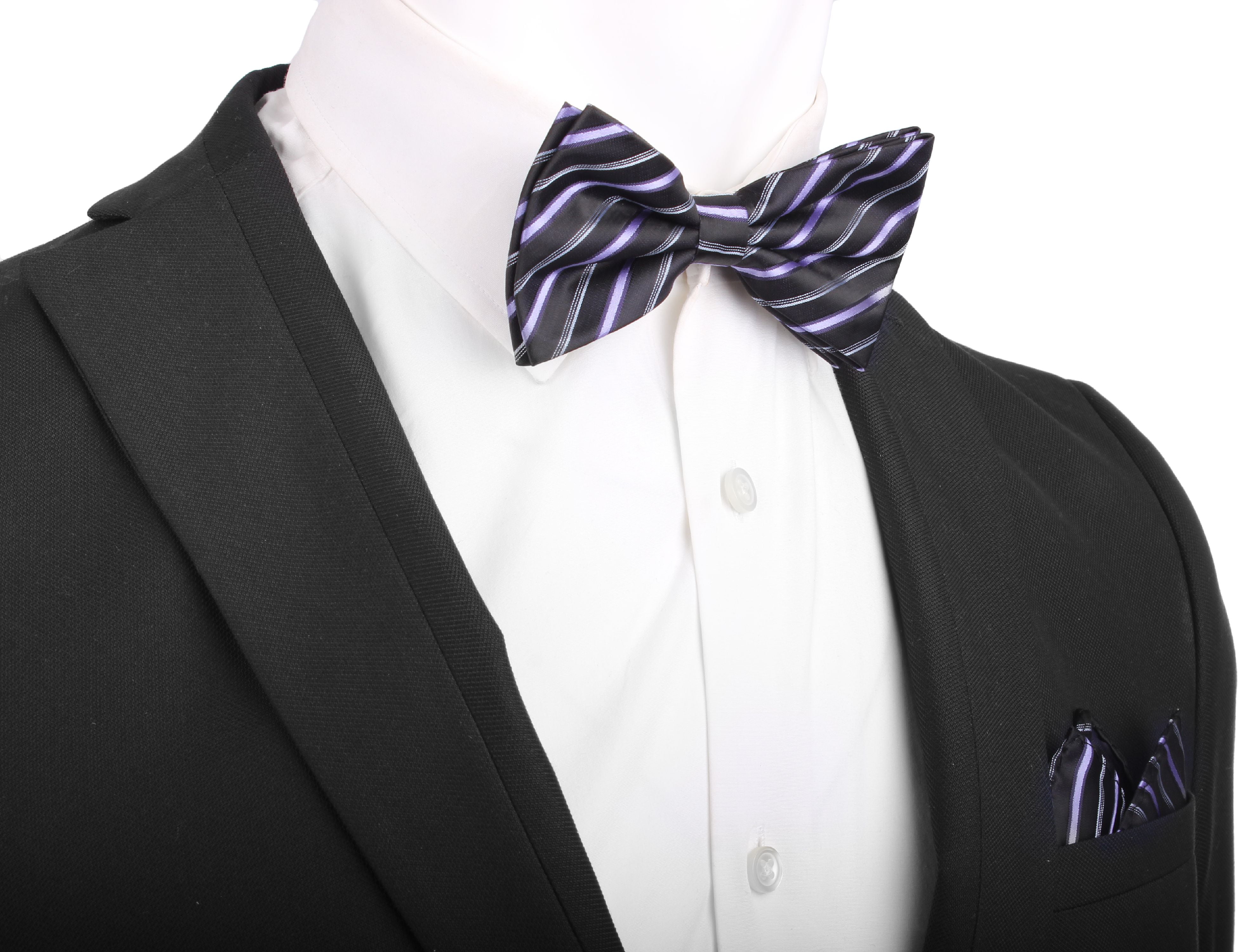 Men's Bowtie Grey Black Stripes Formal Wedding Tuxedo Groom Self Tied Bow Tie 
