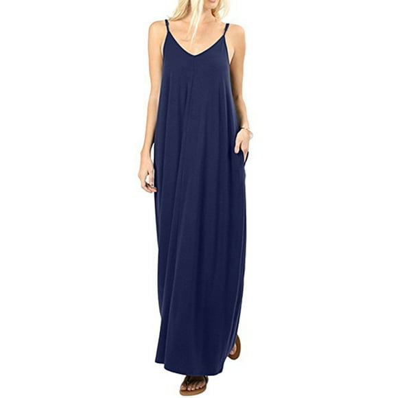 Women Summer Sleeveless Strap Sling Long Maxi Dress Boho V Neck Kaftan Sundress