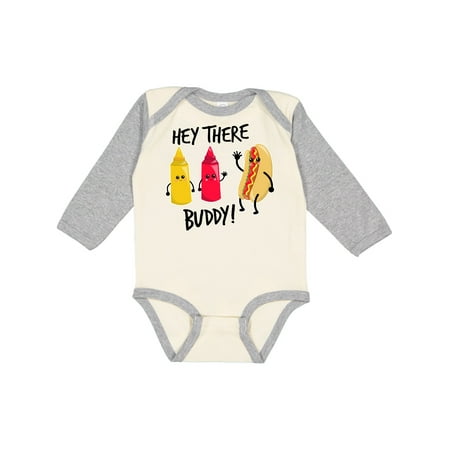 

Inktastic Hey There Buddy with Ketchup Mustard and Hot Dog Boys or Girls Long Sleeve Baby Bodysuit