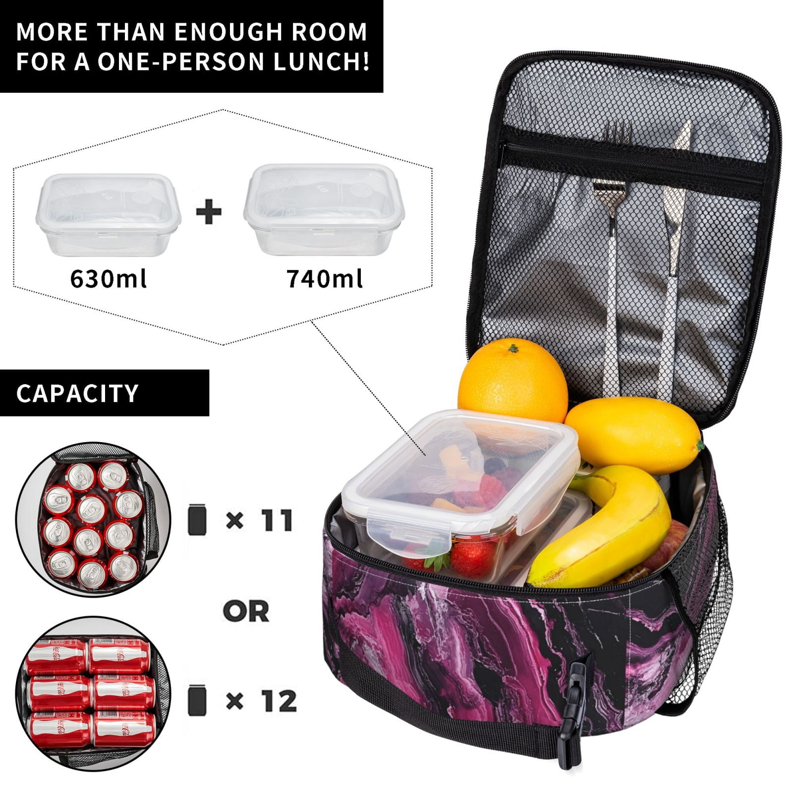 Lunch Bag For Women Men Insulated Portable Lunch Box Bento Box Office Picnic Travel Cooler Bag Darkmagenta Marble_3