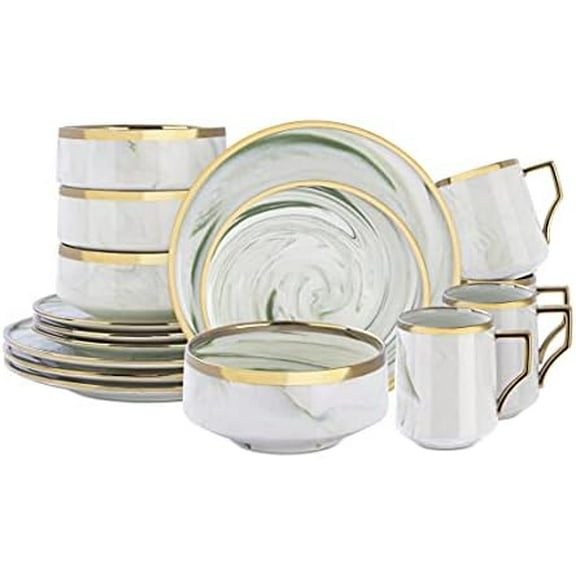 Fine China Artisan Marbled 16pc Dinner Set, Green with Gold