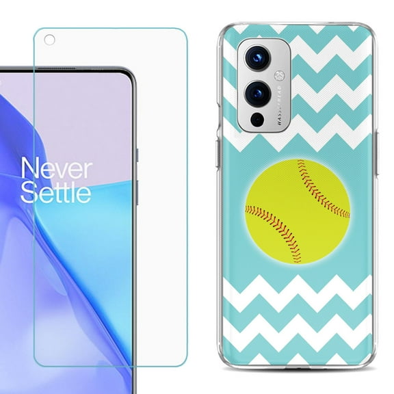 Slim-Fit TPU Phone Case Compatible with OnePlus 9 5G, with Tempered Glass Screen Protector, by OneToughShield ® - Chevron/Teal/Softball