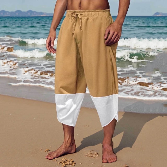 Pantalones largos para hombre, de lino, holgados, informales, de color liso, con cordón y cintura elástica, de poliéster.