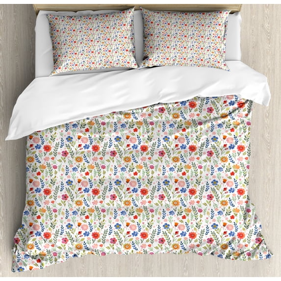 Floral Duvet Cover Set Queen Size, Composition of Flowers with Thriving Nature Illustration Petal and Foliage Leaf, Decorative 3 Piece Bedding Set with 2 Pillow Shams, Multicolor, by Ambesonne