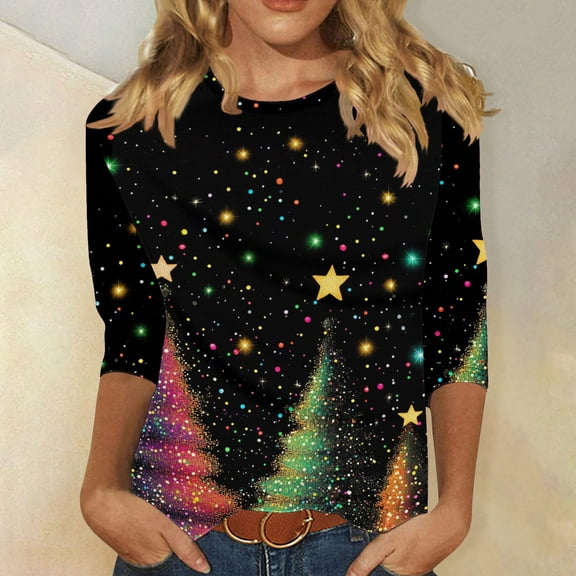 Mifsaly Merry Christmas Shirts Women Plus Size 3/4 Sleeve Crew Neck T-Shirts Xmas Tree Print Tunic Pullover Tops Classic Festival Party Trendy Blouse 2025 Holiday Outfits