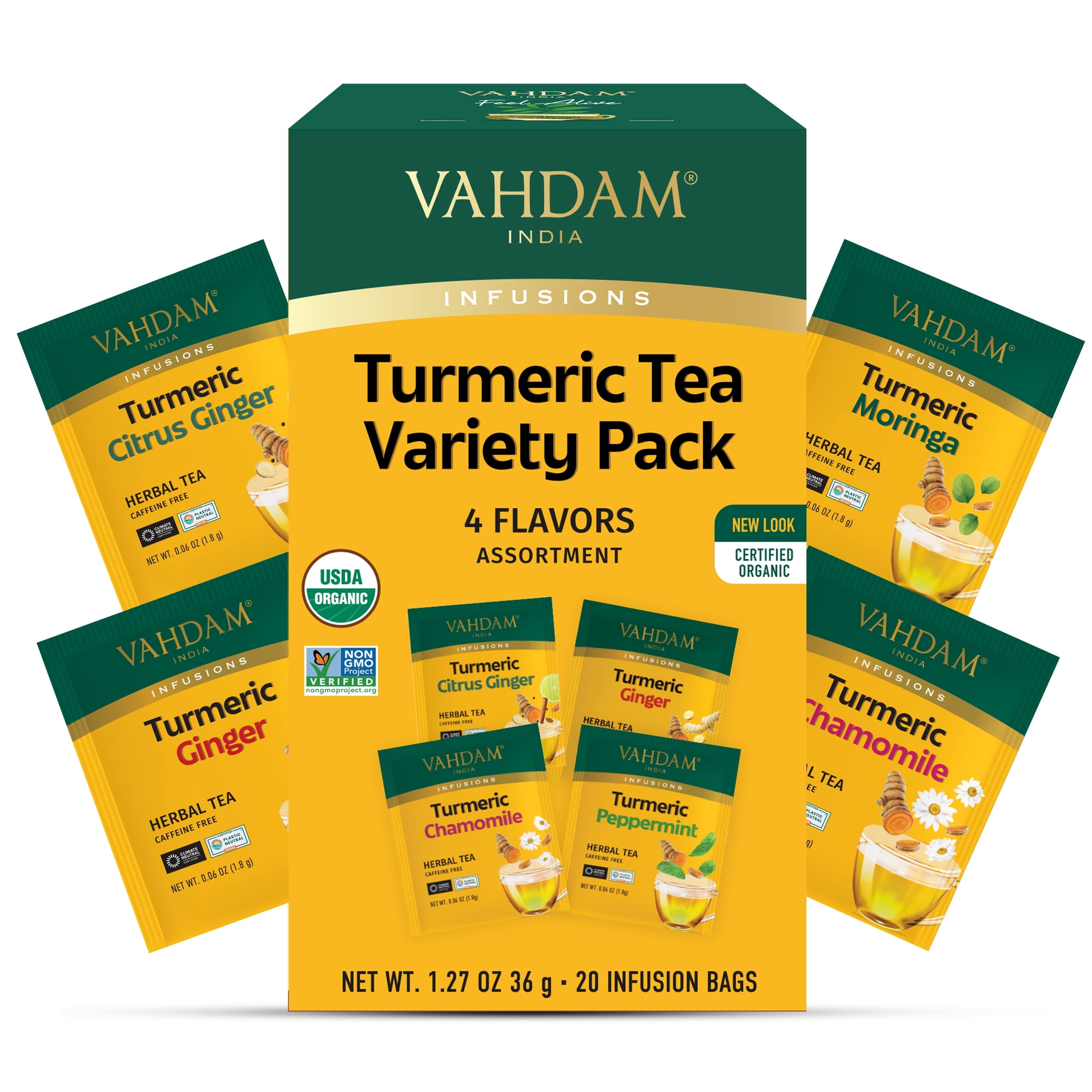 (3 pack) VAHDAM, USDA Organic Turmeric Herbal Tea Sampler (20 Tea Bags, 4 Flavors), Caffeine-Free, Gluten-Free |Turmeric with Citrus, Ginger, Chamomile & Peppermint Tea Variety | Individually Wrapped