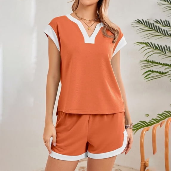 MuXiKeJi Clothes Lounge Sets For Women 2 Piece Ribbed Knit Shorts Set Casual Short Sleeve Tops Biker Shorts Vacation Cruise Outfits