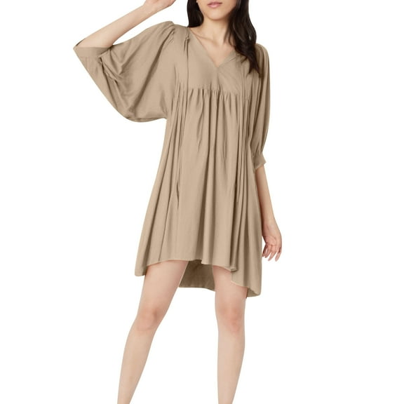 Dpytoraw Women's Casual Tie Front 3/4 Sleeve Flowy Loose Solid Vacation Mini Dress Midi Dresses for Women