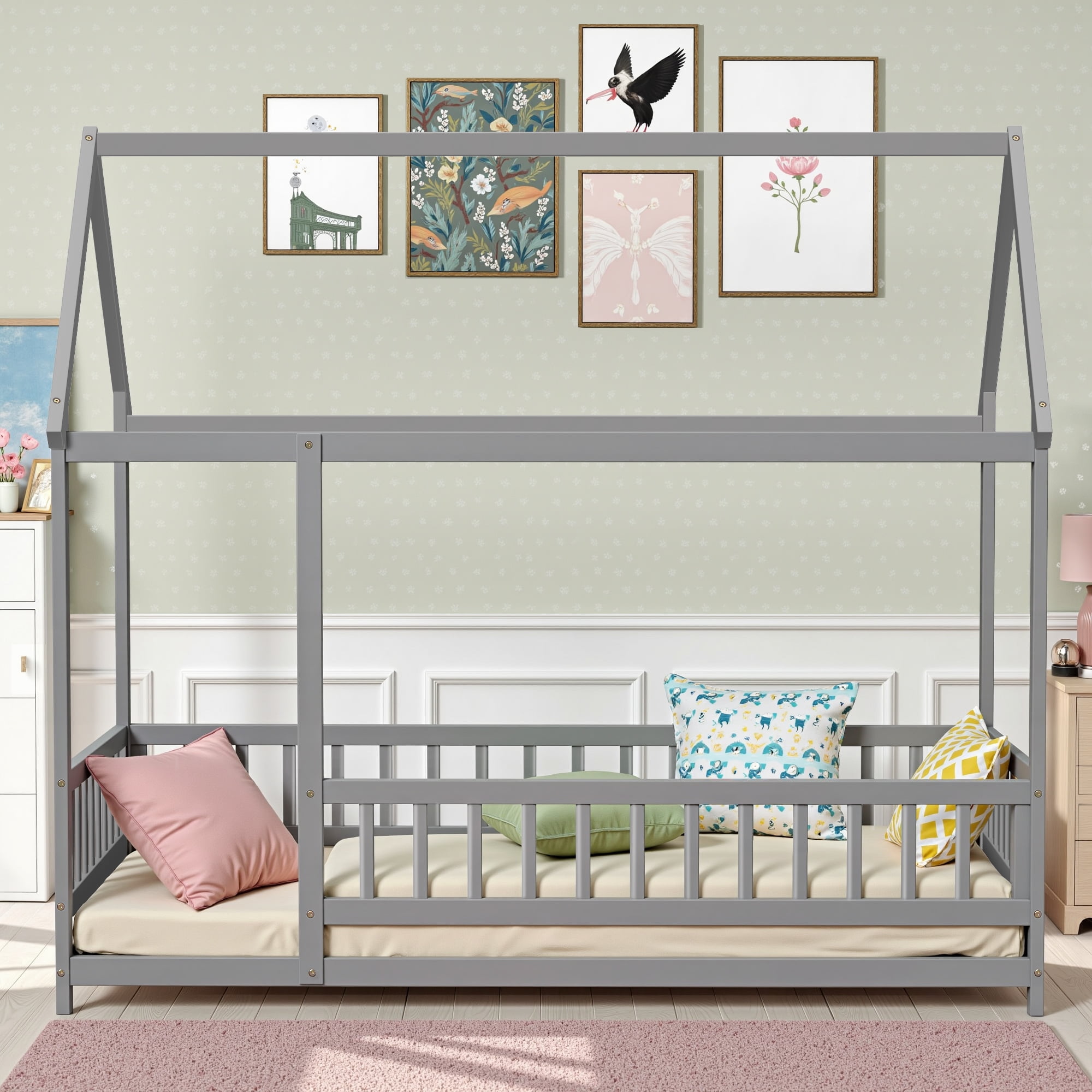 Twin Size Floor Bed, House Floor Wood Bed with Roof Frame for Kids Toddlers Teens, Montessori Bed Frame with Fence-Shaped Guardrail, without Slats, Gray