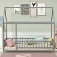 thumbnail image 3 of Twin Size Floor Bed, House Floor Wood Bed with Roof Frame for Kids Toddlers Teens, Montessori Bed Frame with Fence-Shaped Guardrail, without Slats, Gray, 3 of 7