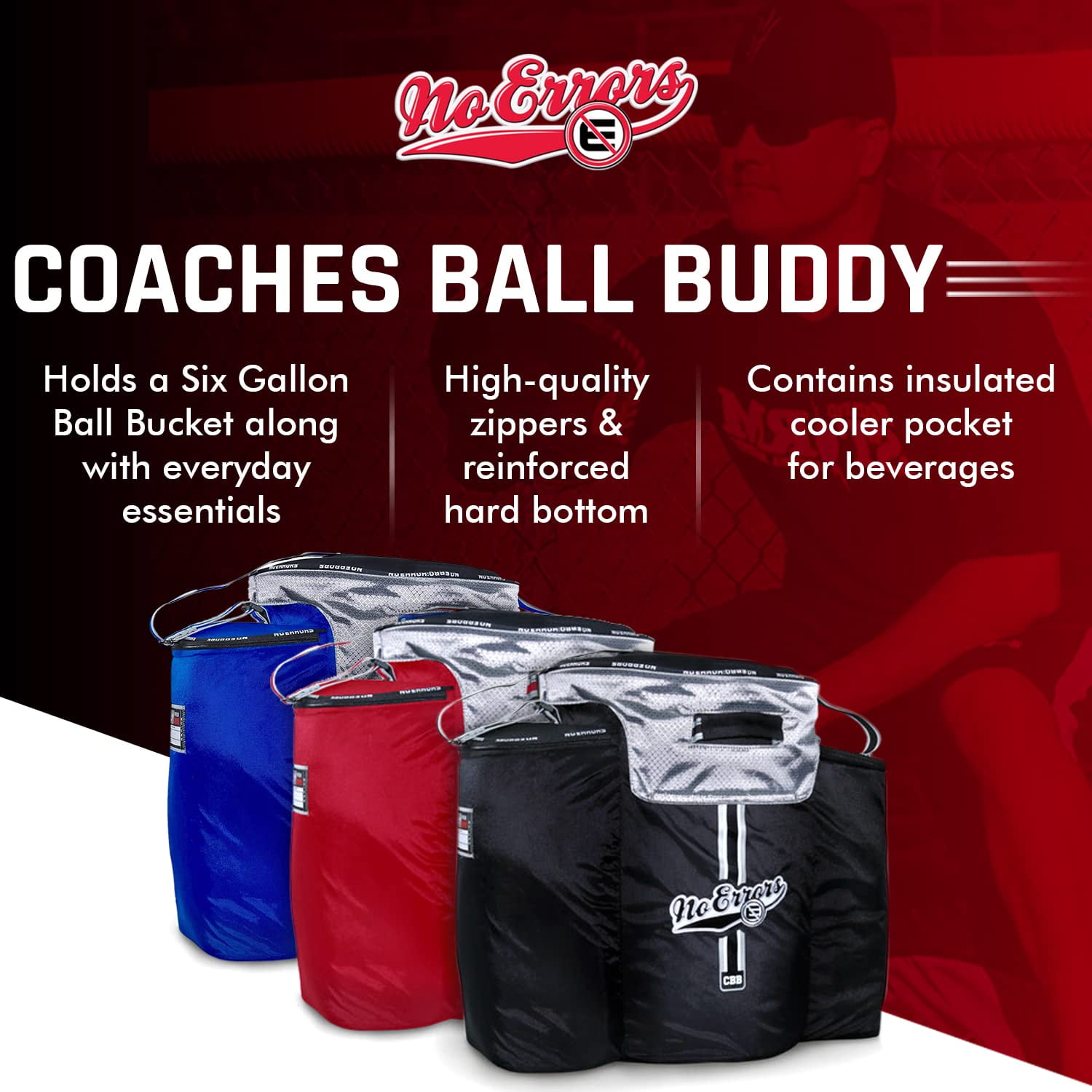 Coaches Ball Buddy Baseball Coach Bag - Heavy Duty Baseball Equipment Bag for Coaches with Built-in Cooler - Holds 6 Gallon Bucket of Balls and Coaching Equipment