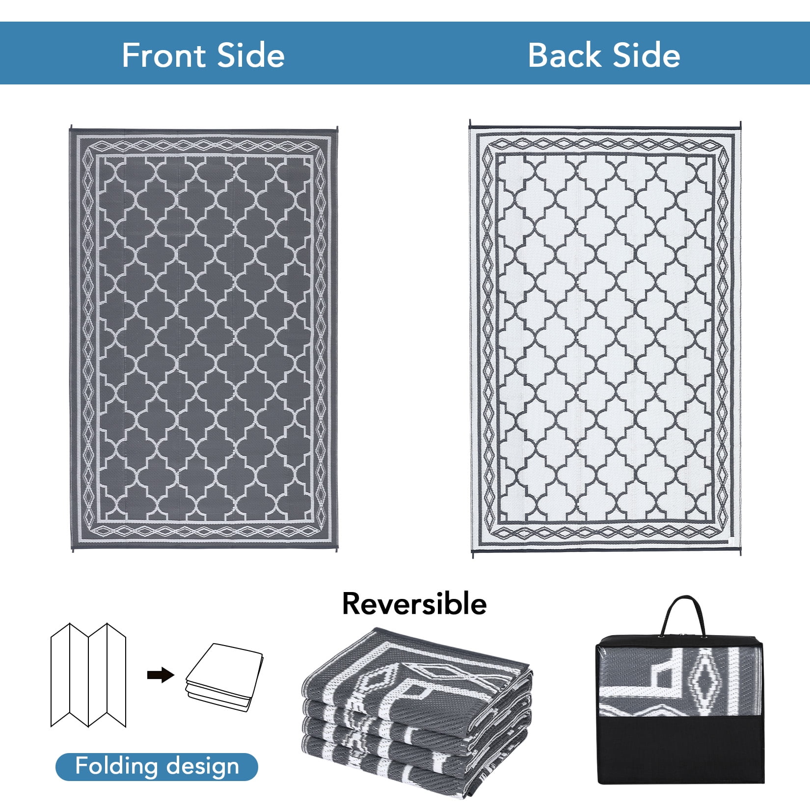 CAROMIO Gray Moroccan Outdoor Area Rug 9x12 ft Waterproof Reversible Plastic Mat for Camping RV Picnic